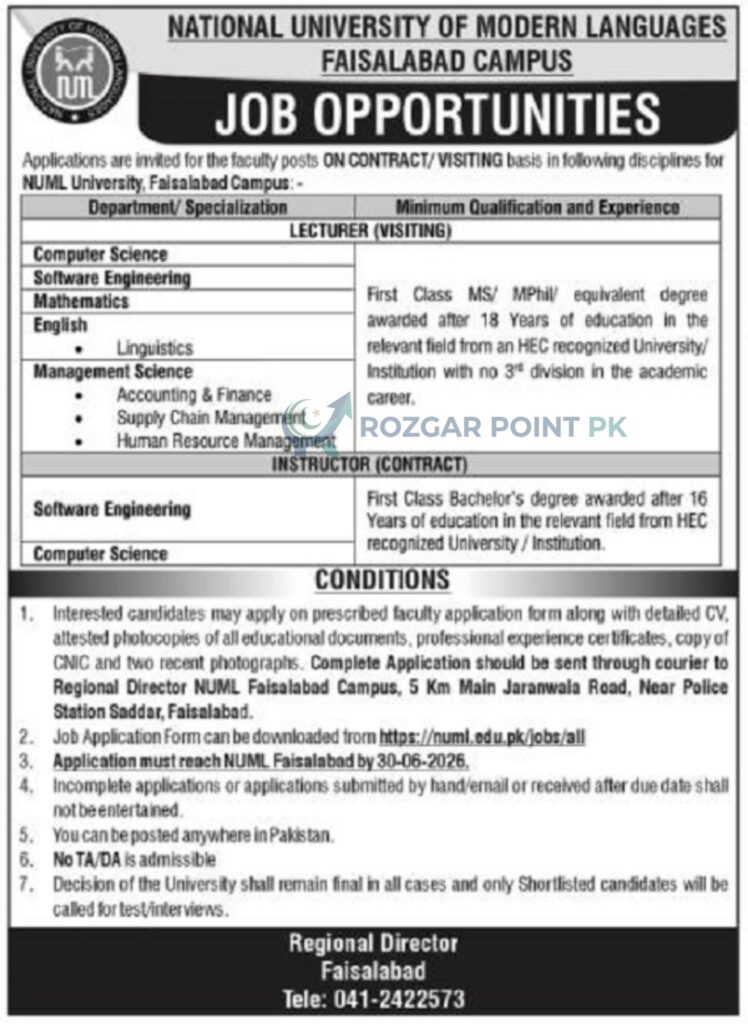 NUML Faisalabad Jobs 2026 – Apply Now
