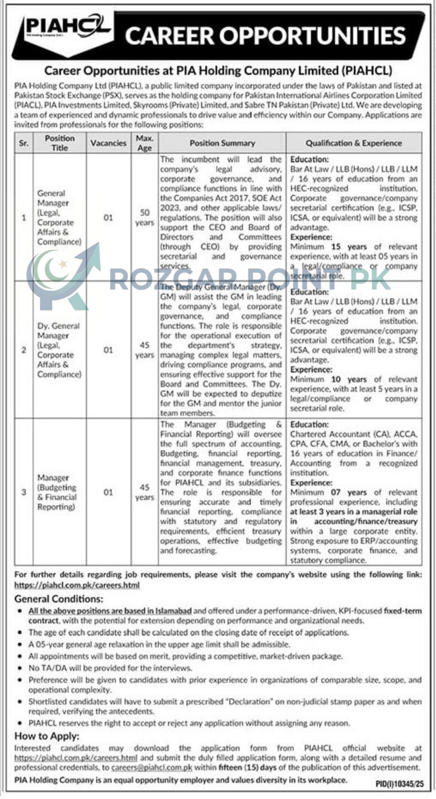 PIA Holding Company Limited PIAHCL Jobs 2026
