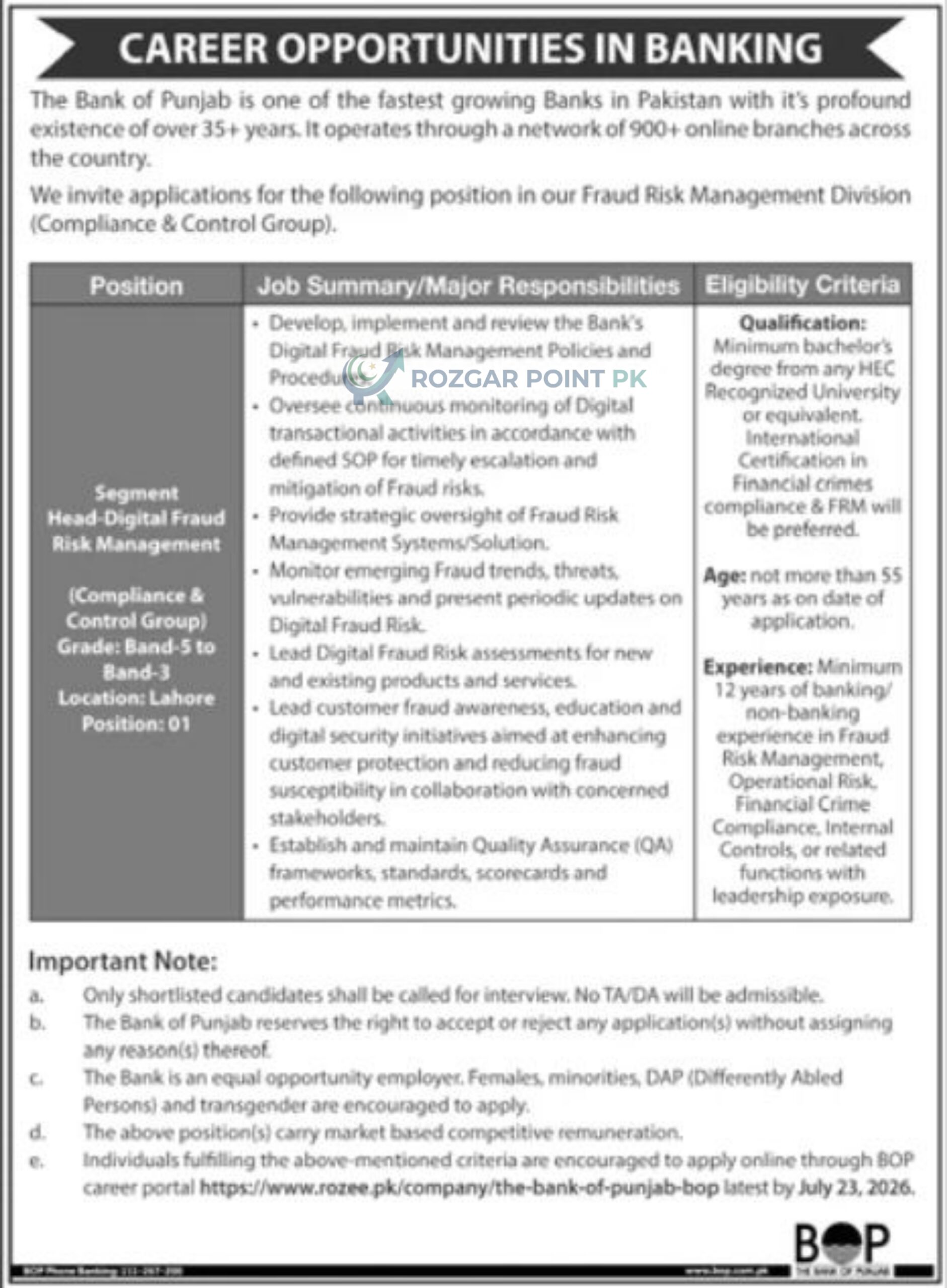 Bank of Punjab Jobs 2026