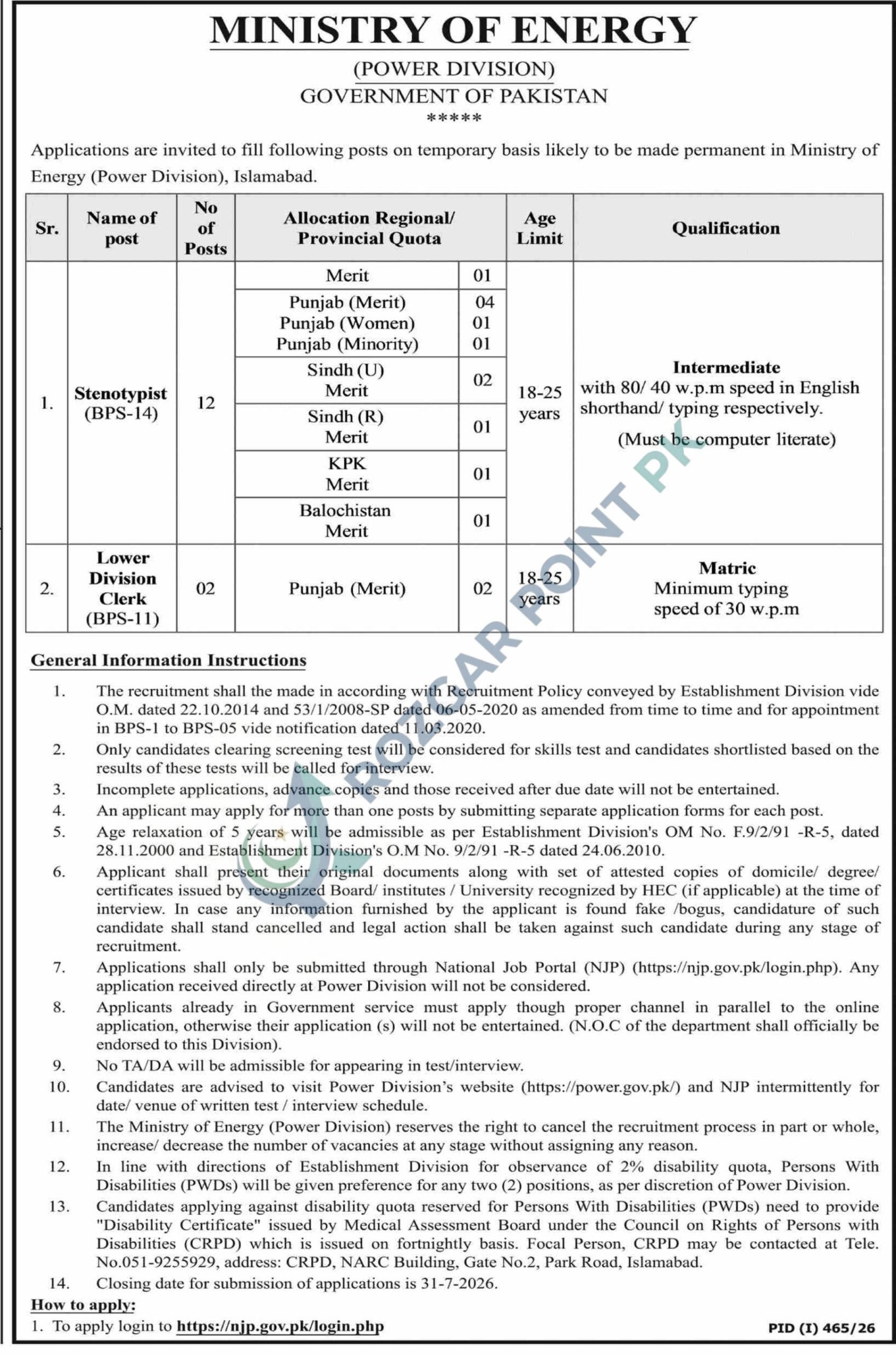 Ministry of Energy Power Division Jobs 2026
