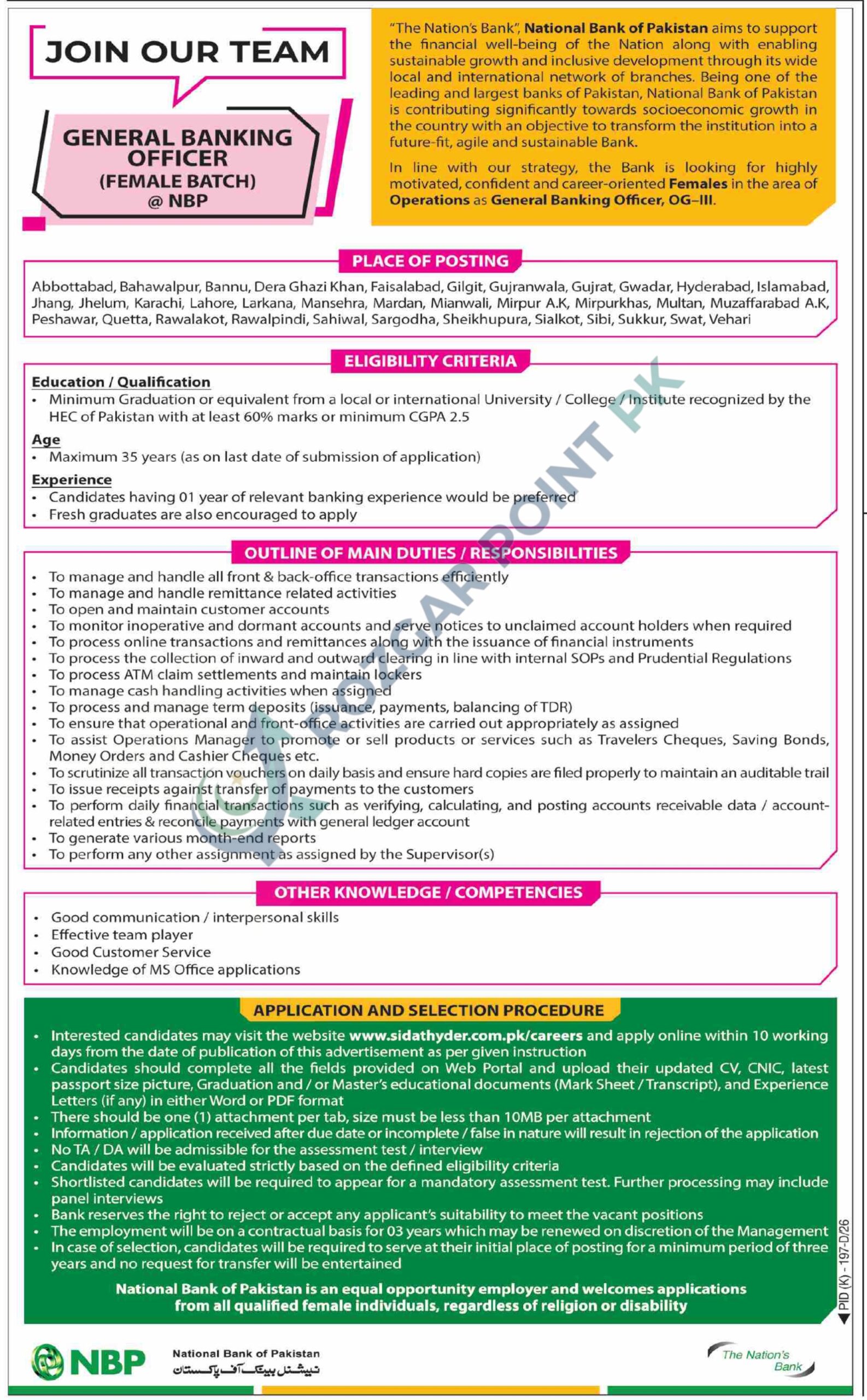 NBP General Banking Officer Jobs 2026 for Females – Apply Online