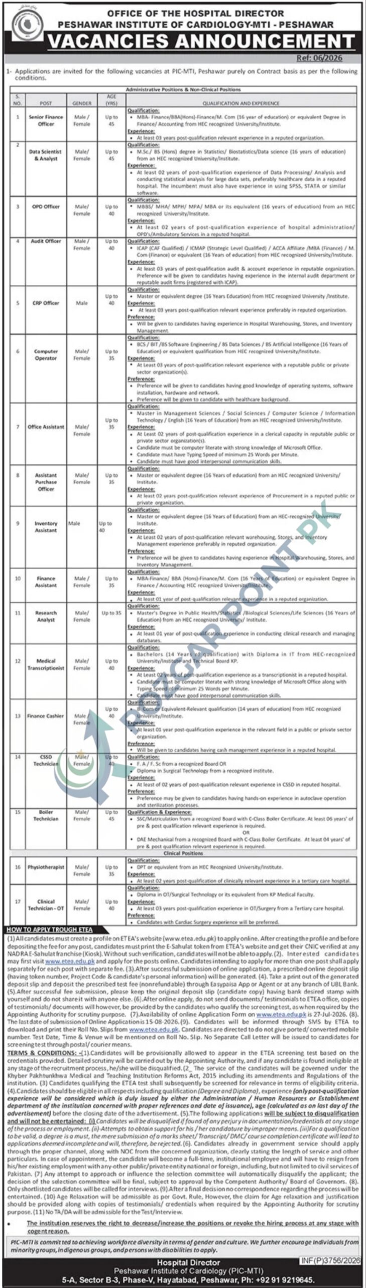 Peshawar Institute of Cardiology Jobs 2026
