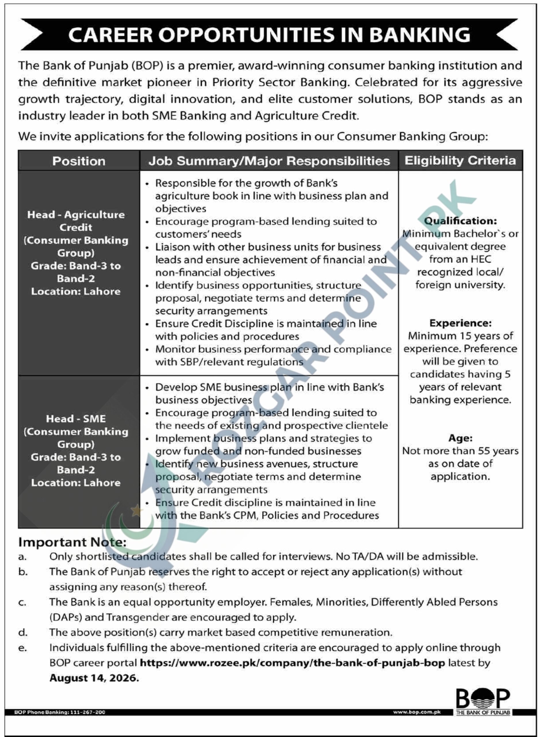 Bank Of Punjab Jobs 2026