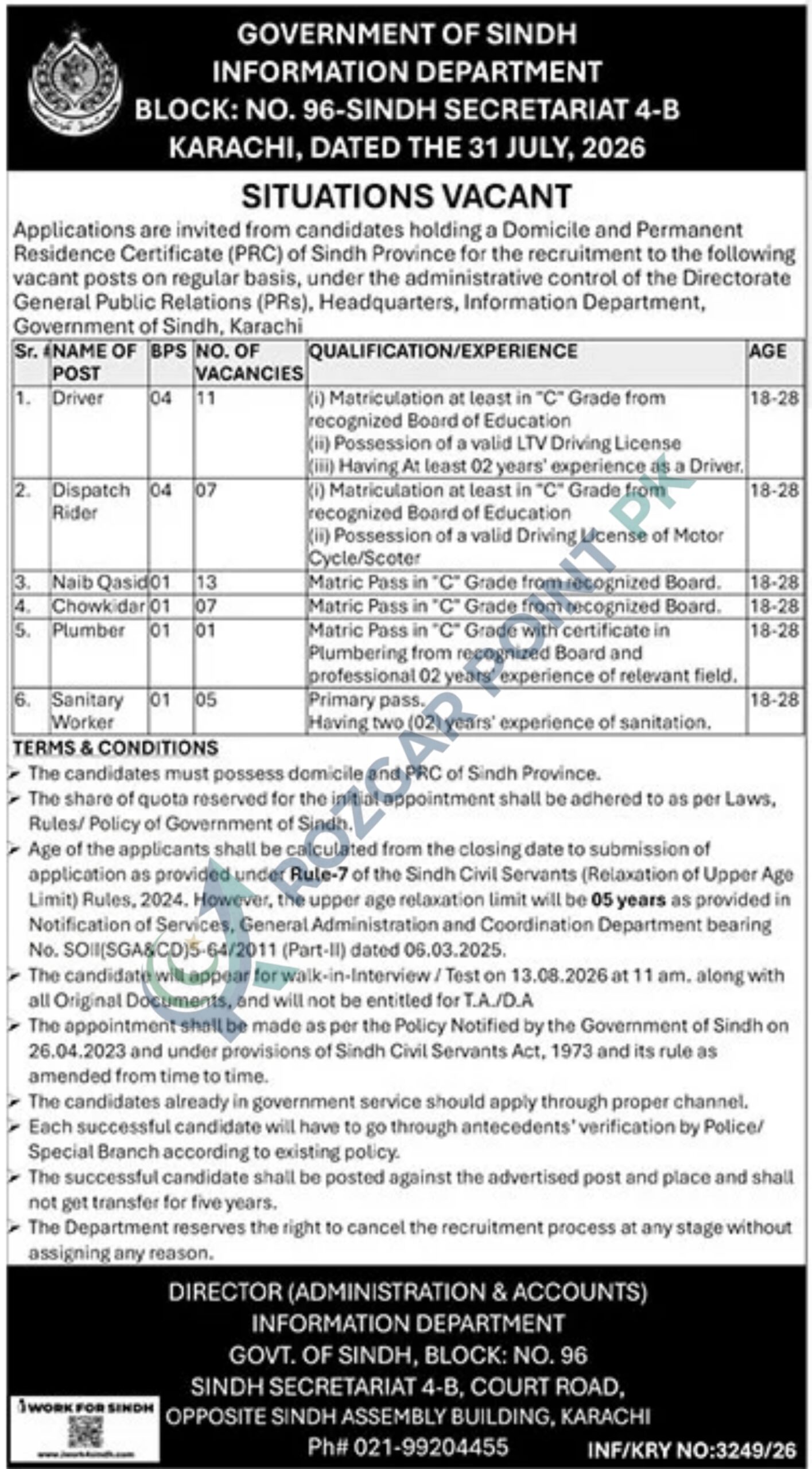 Information Department Sindh Jobs 2026
