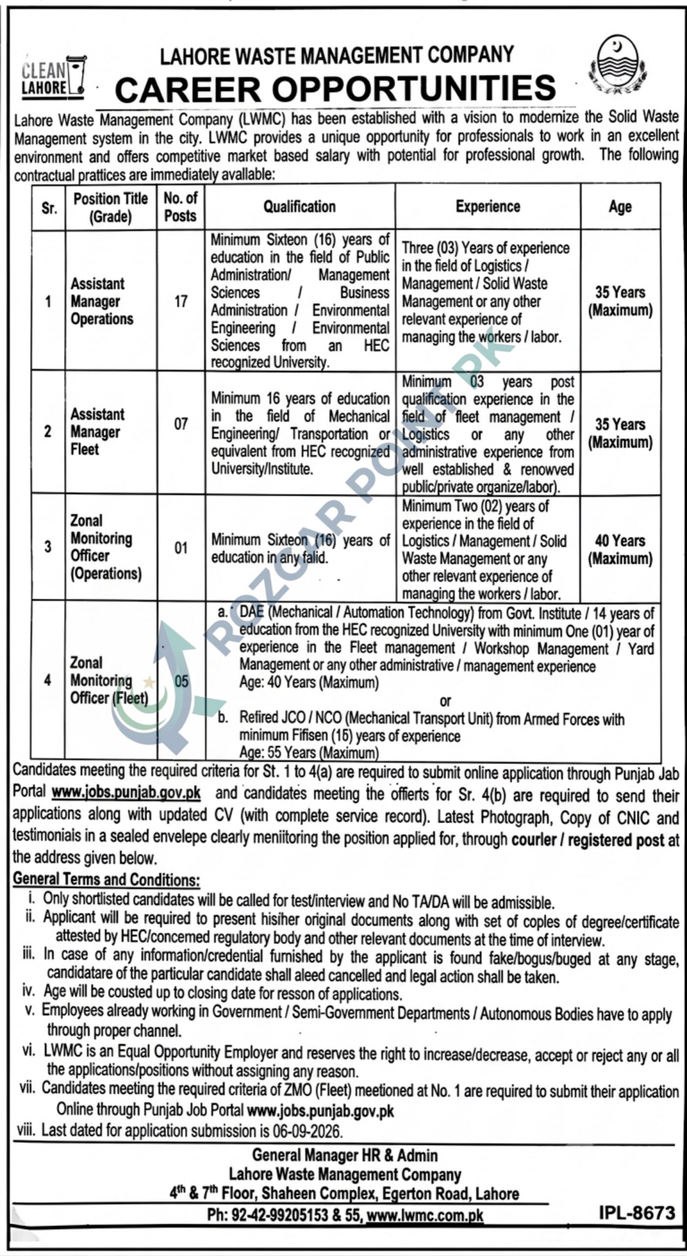 Lahore Waste Management Company LWMC Jobs 2026