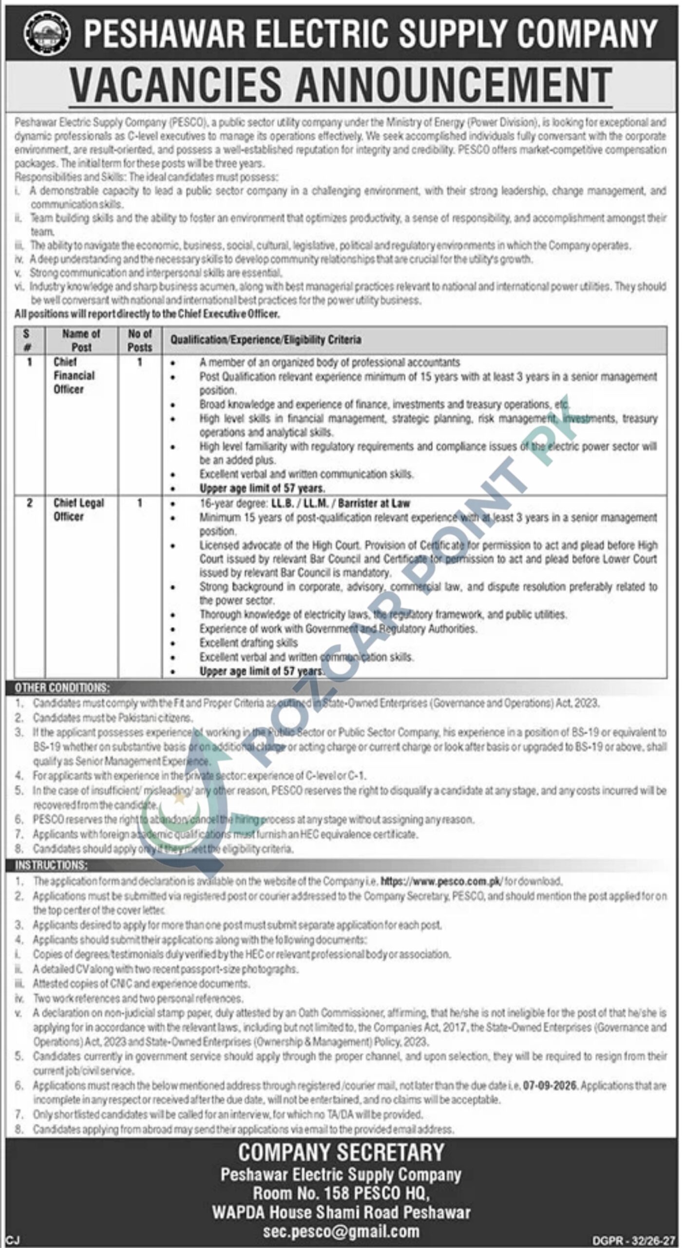 Peshawar Electric Supply Company PESCO Jobs 2026