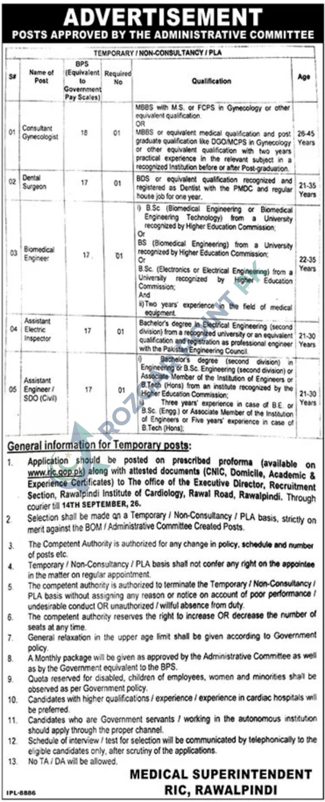 Rawalpindi Institute of Cardiology RIC Jobs 2026