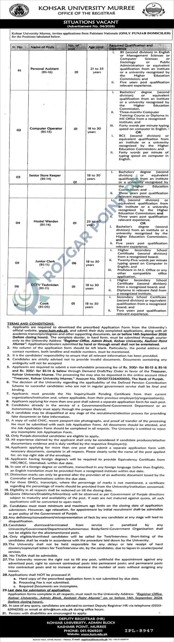 Kohsar University Murree Jobs 2026