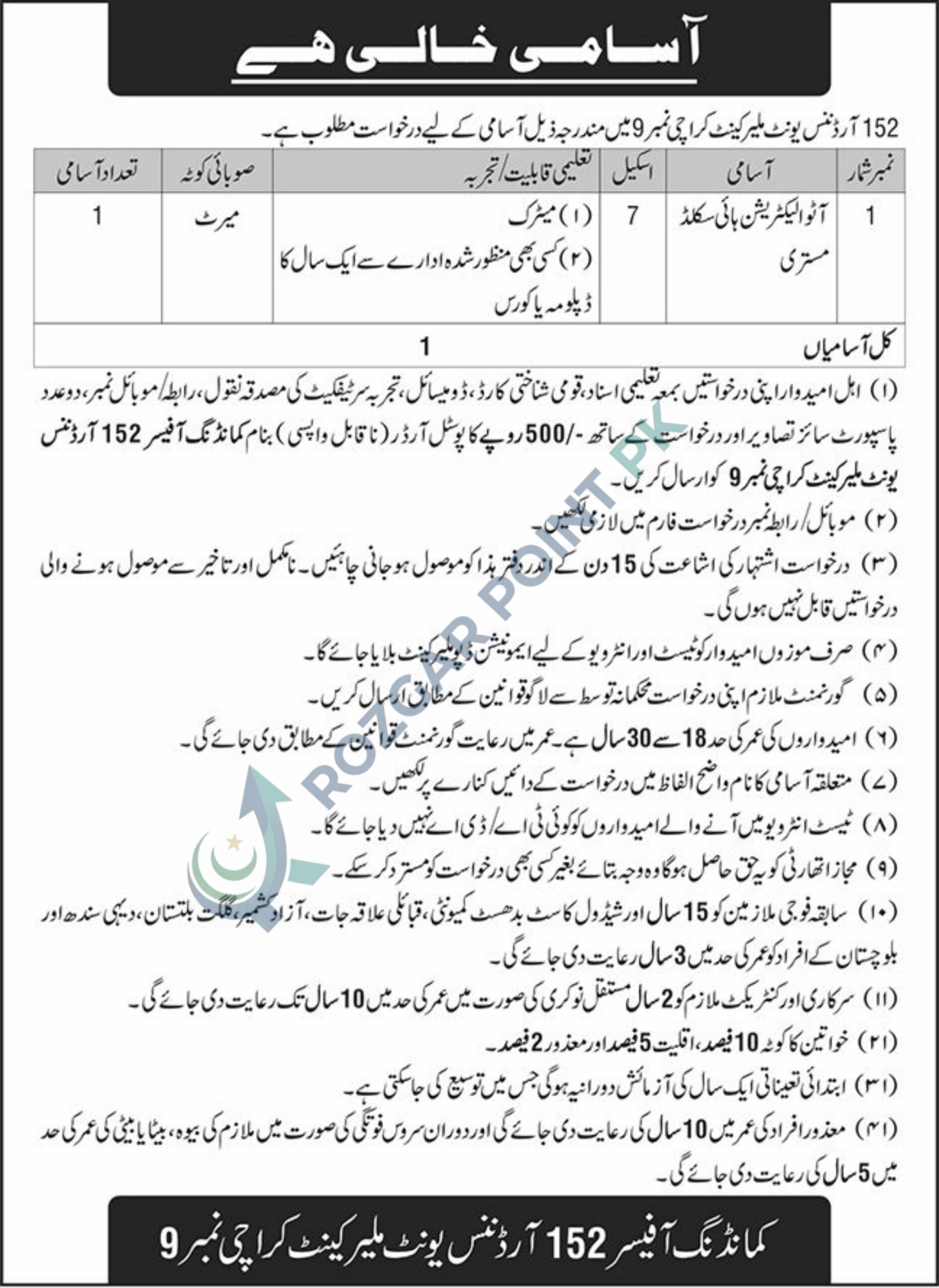 152 Ordnance Unit Malir Cantt Jobs 2026