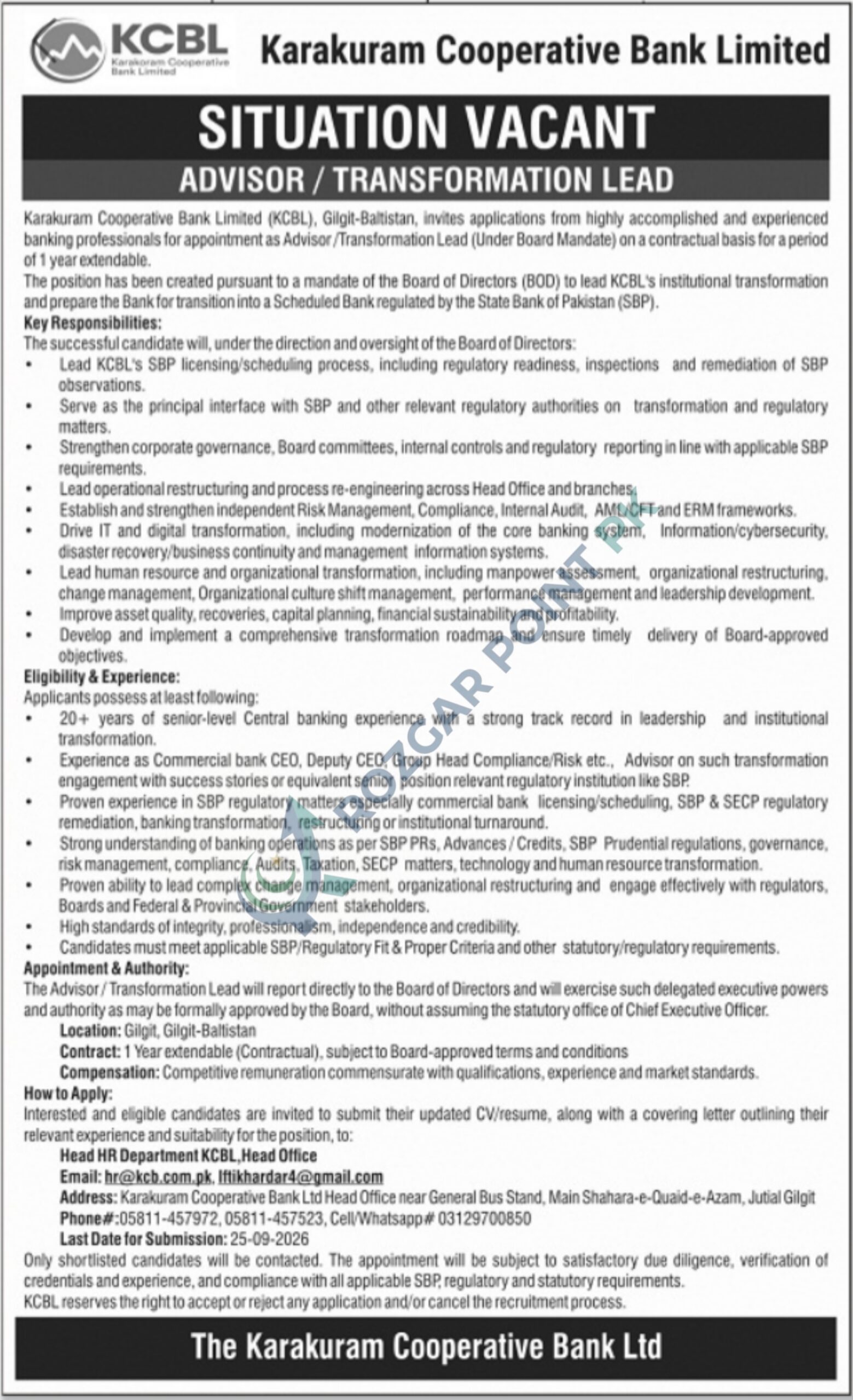 Karakuram Cooperative Bank Limited KCBL Jobs 2026
