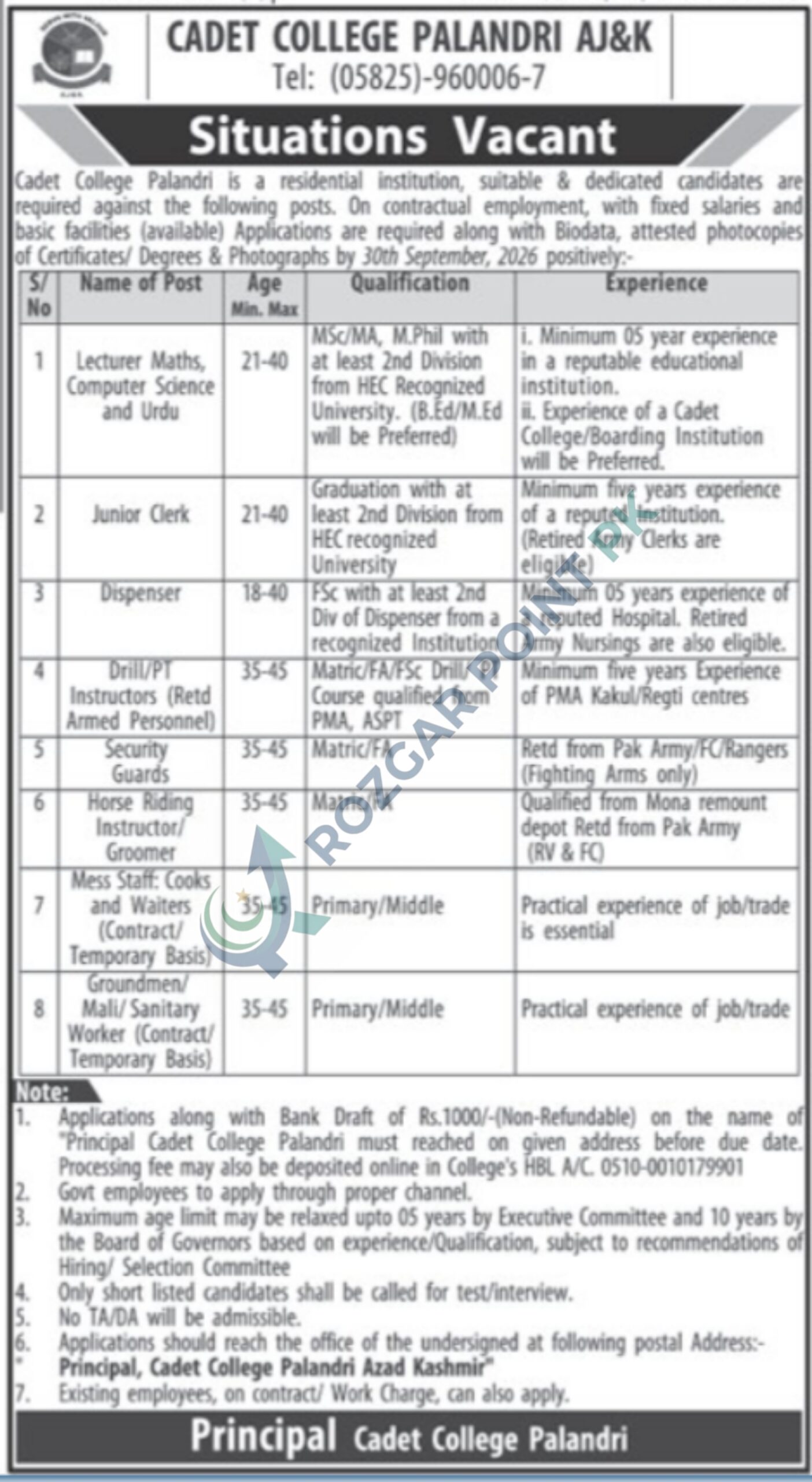 Cadet College Palandri Jobs 2026