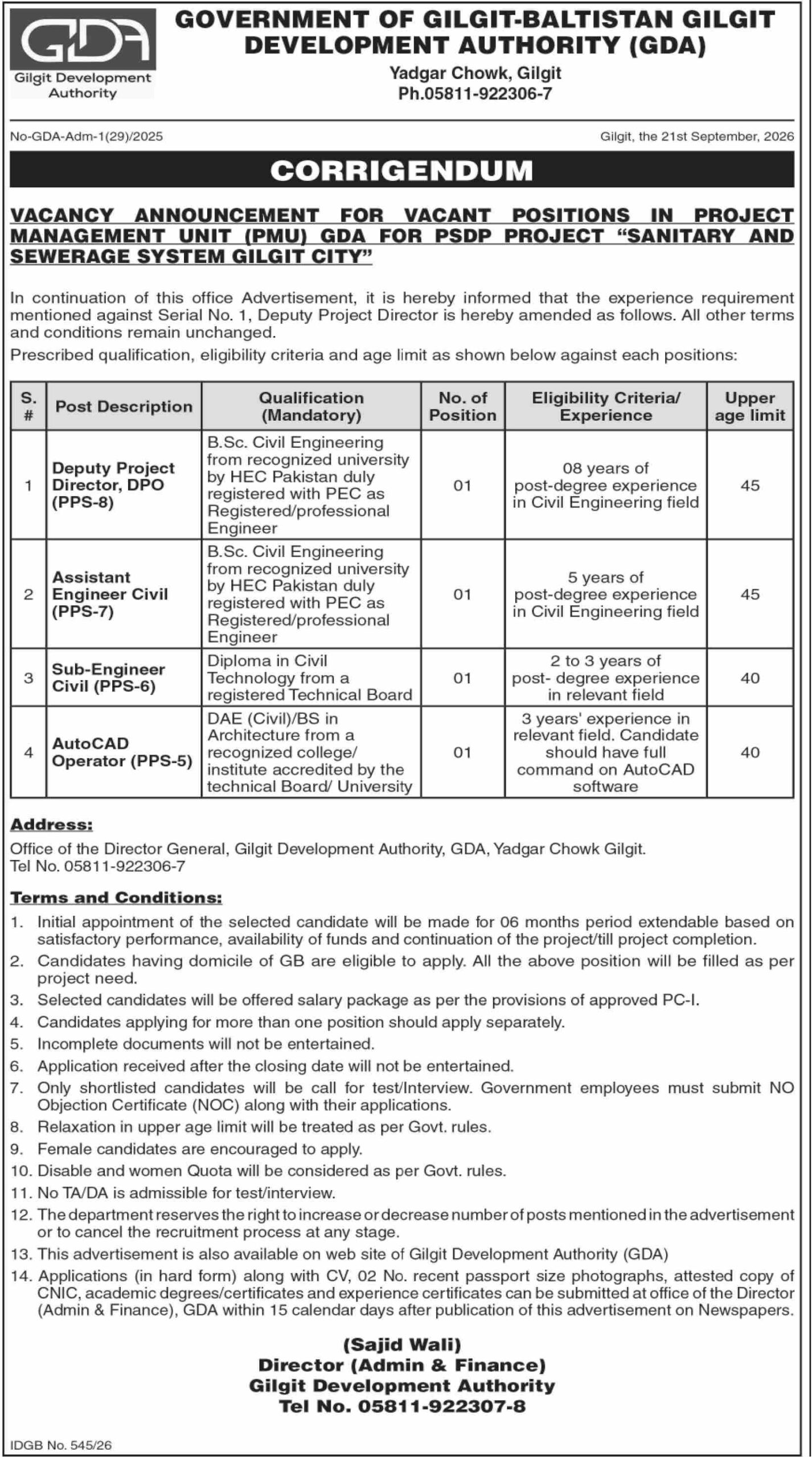 Gilgit Development Authority GDA Jobs 2026