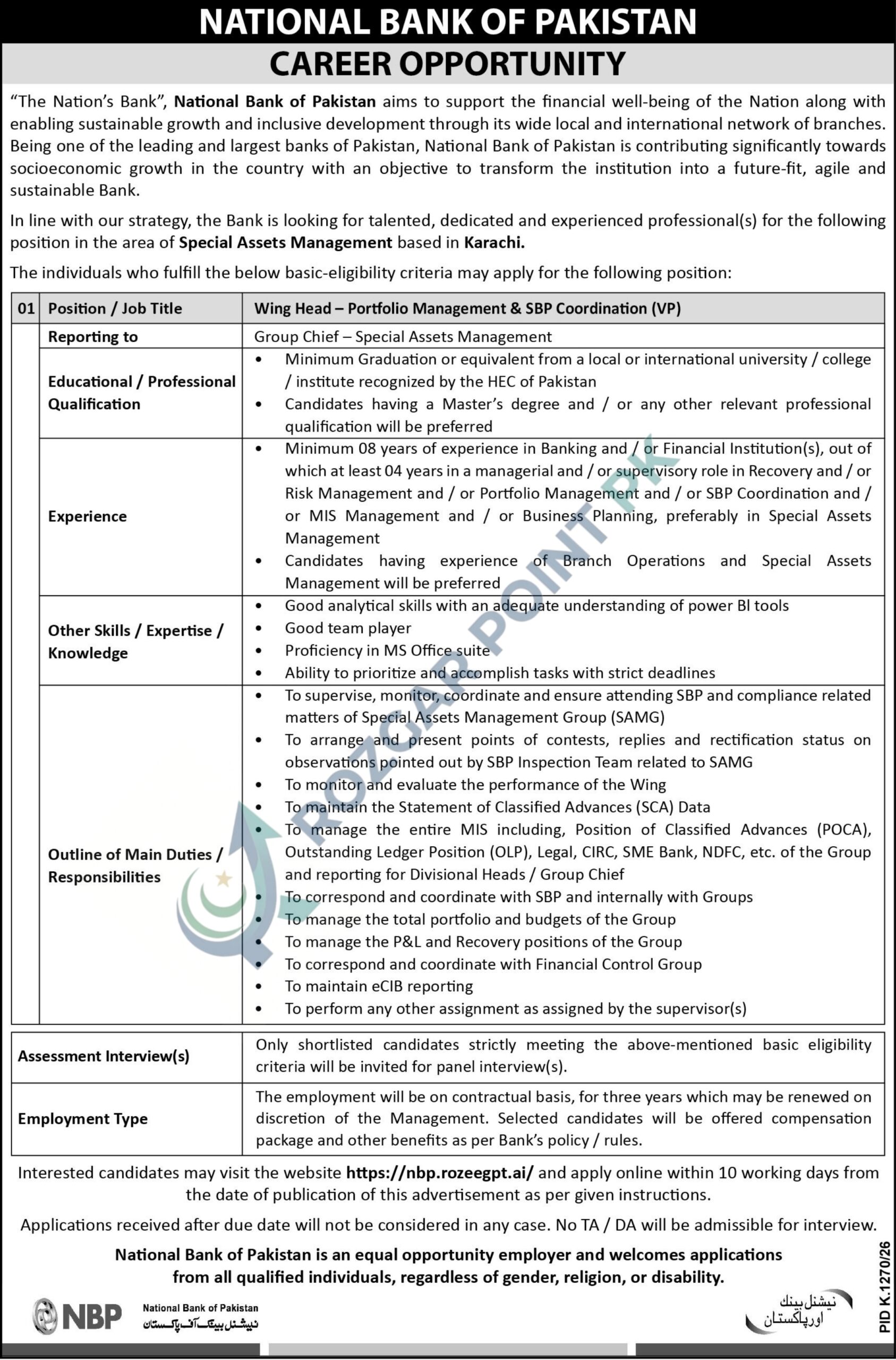 NBP Jobs 2026 Wing Head Portfolio Management and SBP Coordination VP Karachi application