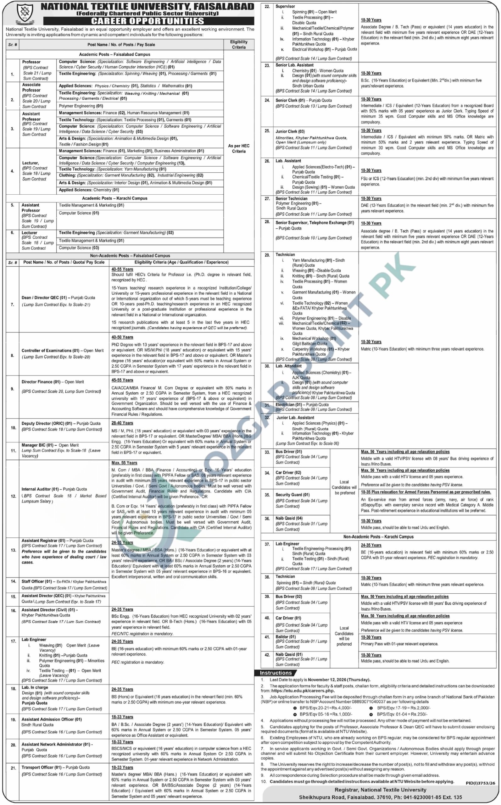 National Textile University Faisalabad Jobs 2026